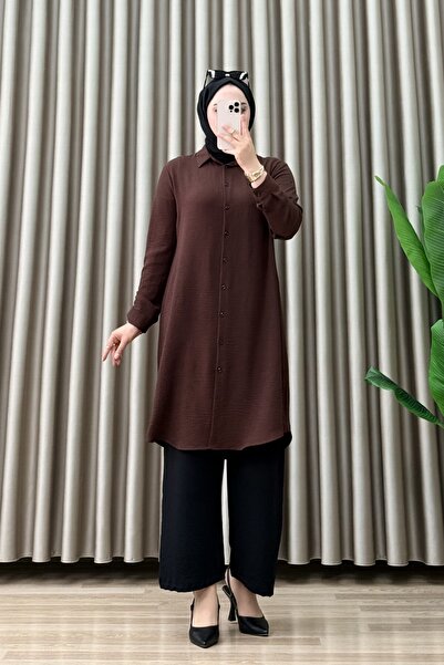 mercan moda ASALET TUNİK Ayrobin Kumaş Kadın Acı Kahve Boydan Düğmeli Günlük ...