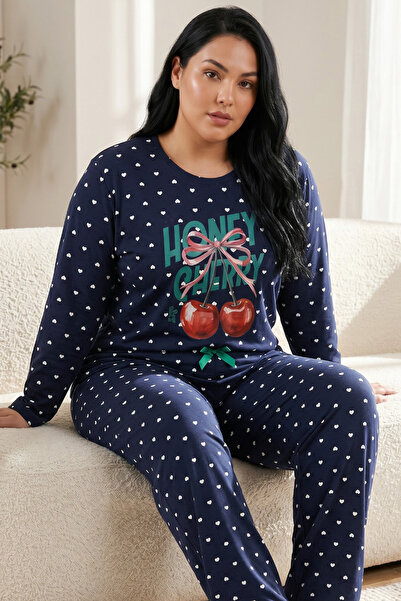 Siyah İnci Navy Blue Patterned Cotton Lycra Large Size Oversized Knitted Paja...