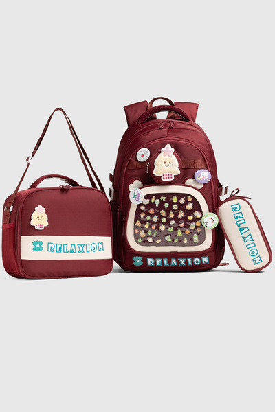 By Hakan 1815 Triple Set Primary School Bag with Pen Holder and Lunch Bag Bordo