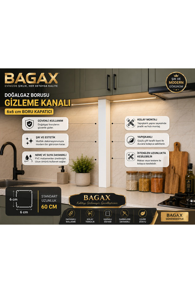 BAGAX 60 CM MUTFAK Doğalgaz Borusu Gizleme PARÇASI 6x6 Beyaz - Yapışkanlı Bor...