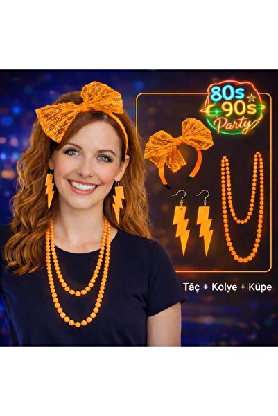 Marsilyan 80S 90S Neon Orange Party Set – Necklace Earrings Crown () Ilkel-Gr...