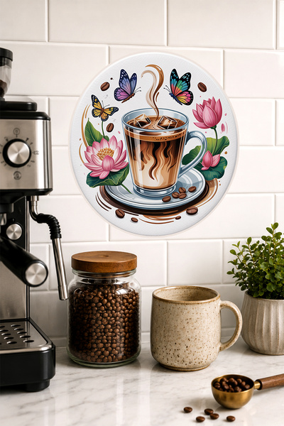 Mayeka Masă rotundă din MDF cu tematică cafea înghețată, fluture și floare de...