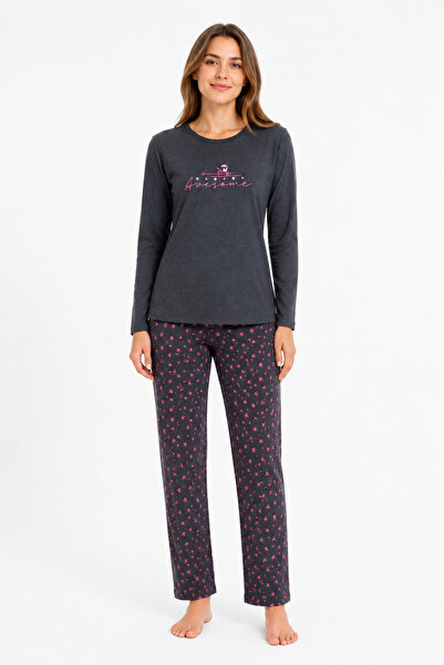 FAMES PİJAMA Women's Seasonal Long Sleeve Awesome Anthracite Pajama Set