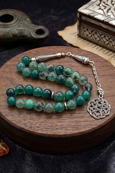 Prestige Natural Agate Stone 33 Prayer Beads with Metal Tassel 10mm Sphere Cu...