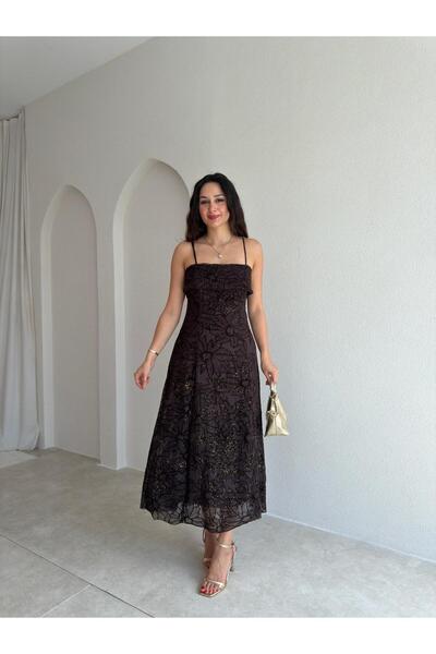 Mooi Butik AEMON Simli Desenli Midi Elbise 4057 - Acı Kahve