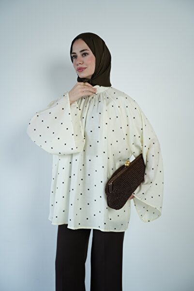 QUWİQ Women's Polka Dot Spanish Sleeve Draped Hijab Shirt