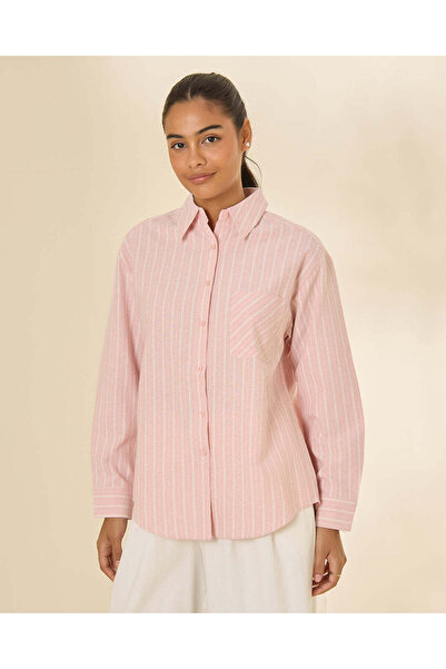 REDTAG Women Pink Striped Button Down Shirt