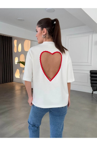 My Blog Ecru Red T-Shirt with Heart Embroidery on the Back - 1113