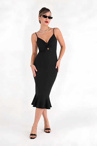 MOVİMENT Γυναικείο μαύρο φόρεμα Bodycon Midi |   Λεπτές τιράντες με λαιμόκοψη...