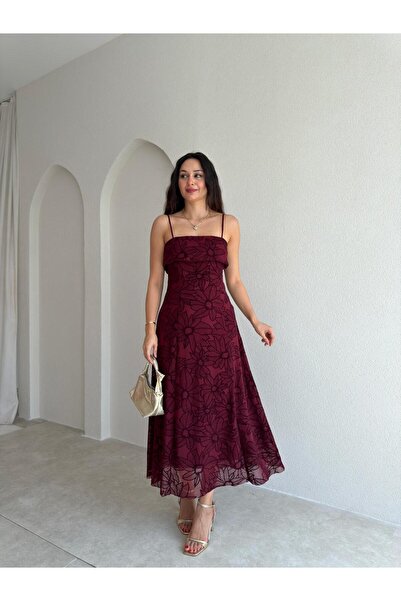 Mooi Butik AEMON Simli Desenli Midi Elbise 4057 - Bordo