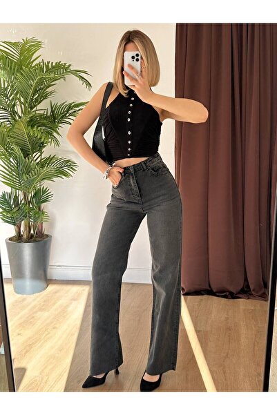 Clothes Fast Women's Gray High Waist Straight Leg Denim Jean Trousers with Po...