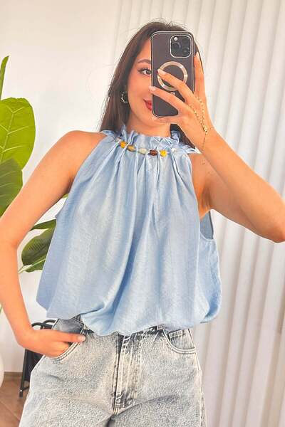 Clothes Fast Bluză de damă, albastru bebeluș, cu mărgele, cu guler halter, cu...