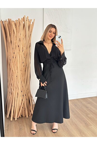 Moda Days Women's Black Long Double-Breasted Collar Lace-Up Waist Detailed Ch...