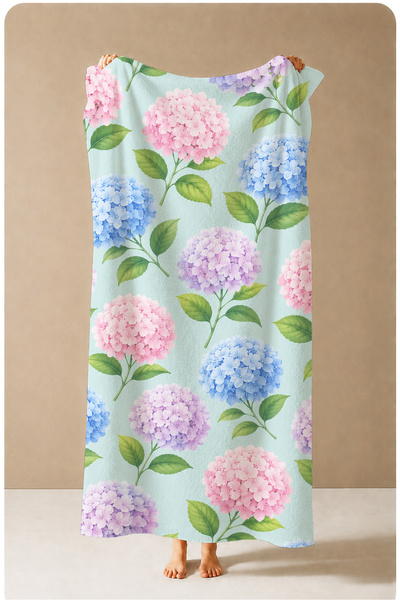 Evmila Pastel Blue Pink Hydrangea Botanical Patterned 70X150 Beach Towel - Di...