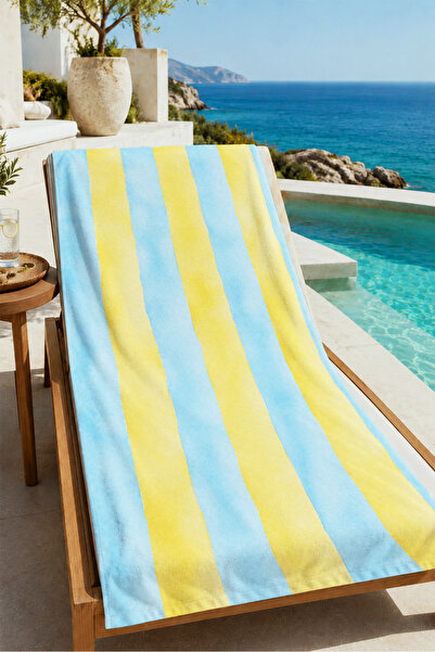 Evmila Pastel Yellow Blue Watercolor Striped Patterned 70X150 Beach Towel - D...