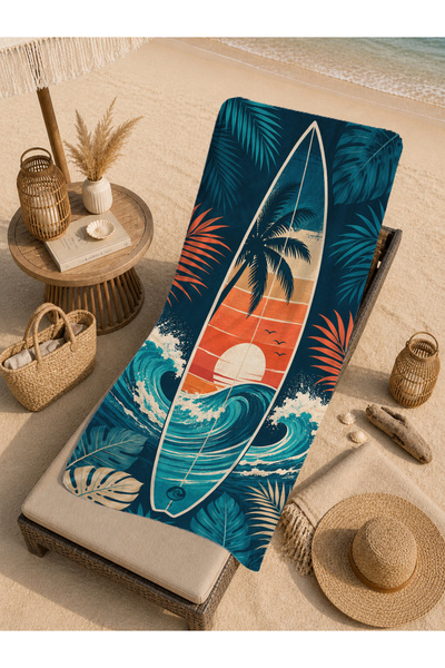 Evmila Prosop de plajă 70x150 cu model retro tropical cu palmieri și valuri -...