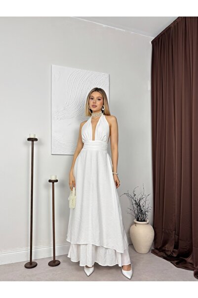 Clothes Fast Women's White Halter Neck Backless Layered Maxi Dress with Belte...