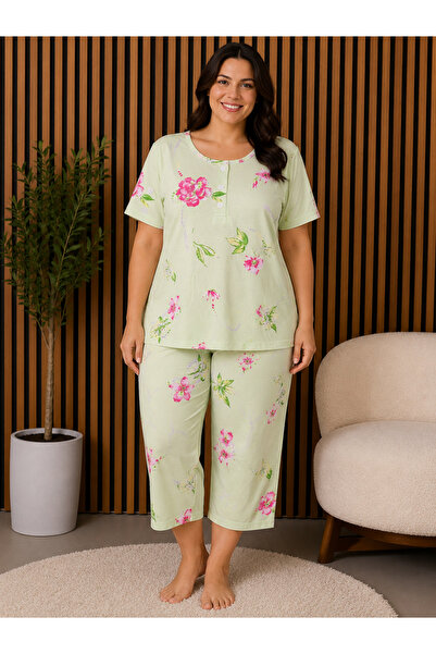 BALİS PİJAMA Women's Patterned Cotton Plus Size Button-Down Collar Capri Paja...