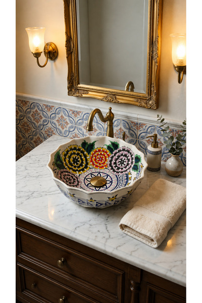 EvaniLife Bektaşi Model Aegean Wave Serisi El Yapımı Seramik Lavabo Özel Tasa...