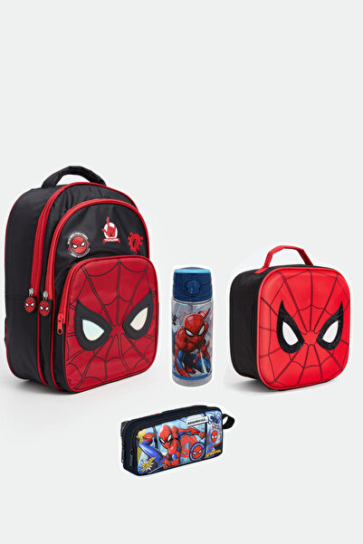 SPIDERMAN Primary School Bag Set: 3-Compartment School Bag + Lunch Box + Penc...