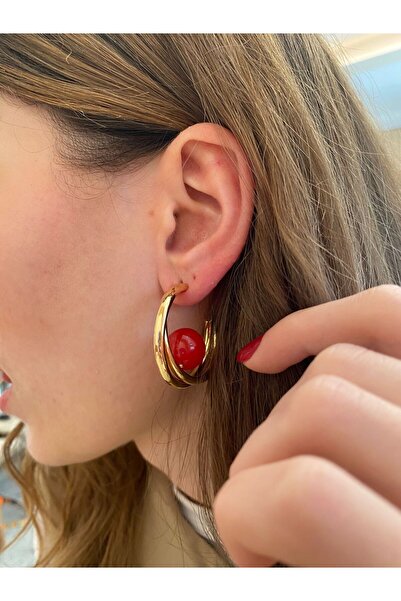 Niceboutique Design Burgundy Top Hoop Noelle Gold Steel Earrings