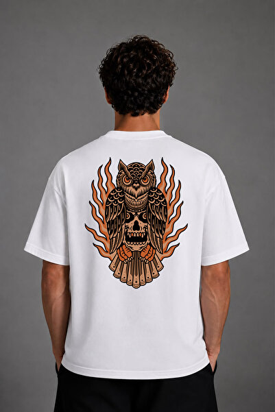 VSRN Tricou oversize alb cu imprimeu pe spate cu design Flaming Owl