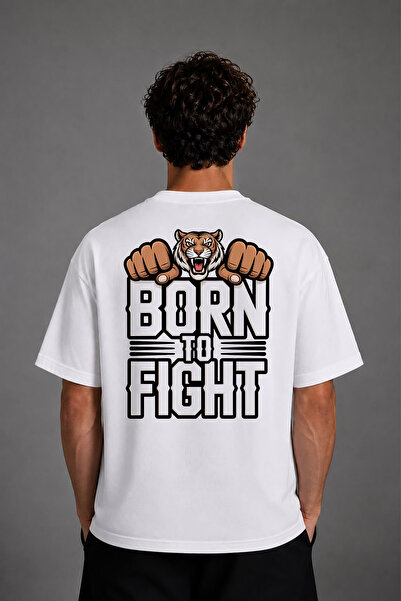 VSRN Tricou oversize alb cu imprimeu pe spate, design Born to Fight 1