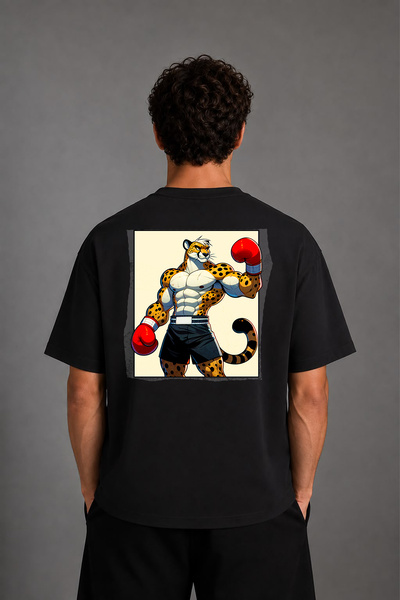 VSRN Tricou oversize negru cu imprimeu pe spate, design Leopard Boxer