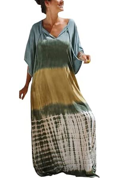 GENERAL Women's Bohemian Kaftan Maxi Loungewear Oversized Nightgown Homewear ...