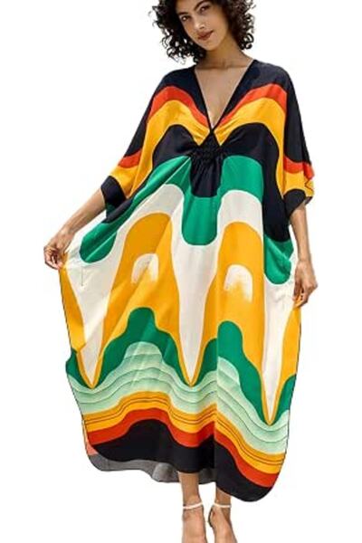 YouKD Maxi Dress V-Neck Kaftan Boho Robes Beach Cover-ups Dress Maxi Garment ...