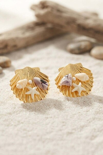 Inure Jewelry Gold Color Shell Earrings with Starfish and Purple Stone Detail