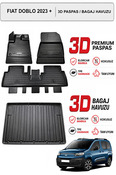 ELORCAR FIAT DOBLO 2023+ 3D Premium Paspas Seti /Bagaj Havuzu