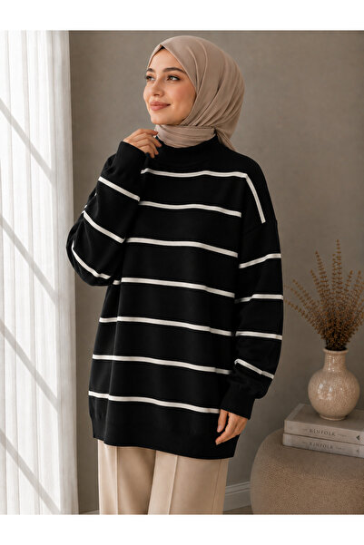 DepoExport Women's Half-Throat Striped Knitwear Sweater Oversize Loose Design