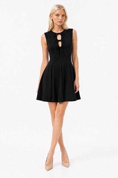 Asfaha Fashion Women's Front Tie Detailed Waist Pleated Mini Dress