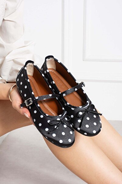 dabab shoes Penelop Women's Black Satin Polka Dot Bow Detailed Adjustable Buc...