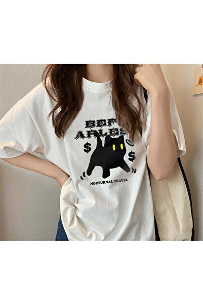 DEEFWEAR Mi̇ngalondon Be Fearless Cat Printed White Unisex Oversize T-Shirt