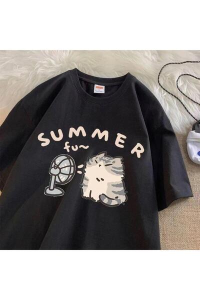 DEEFWEAR Mi̇ngalondon Summer Cat Printed Black Unisex Oversize T-Shirt