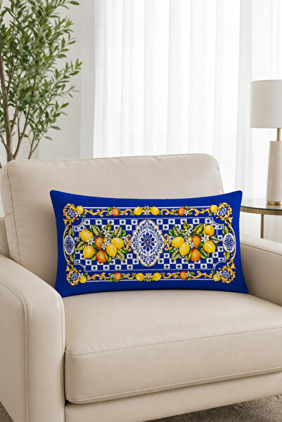 Bebişim Halı Blue Ceramic Lemon Patterned 2-Piece Throw Pillow Cover 35X55 cm