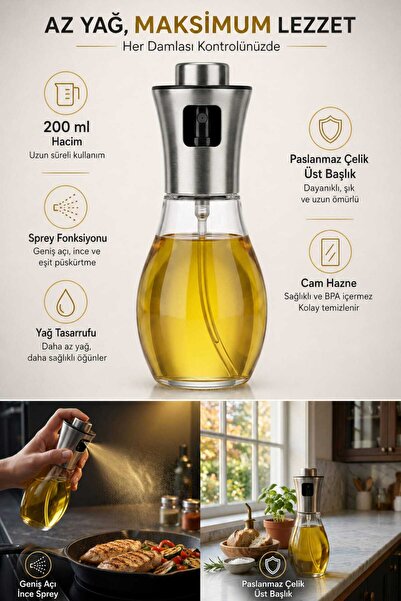 TechnoSmart 200ml Cam Hazneli Yağ Spreyi Çelik Başlık Püskürtmeli Yağdanlık S...