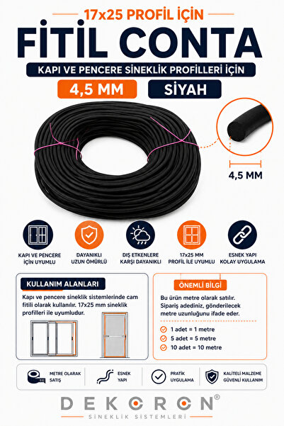 DEKORON 4,5 mm Siyah Sineklik Fitili Conta Kapı ve Pencere Sinekliği İçin 1 M...