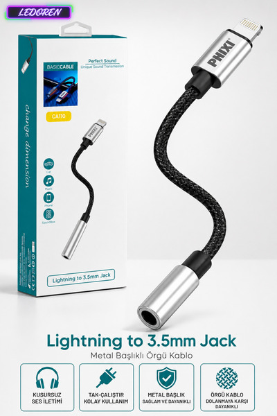 L'eDoren Basic Ca110 Metal Headed Braided Lightning to 3.5mm Jack Converter C...