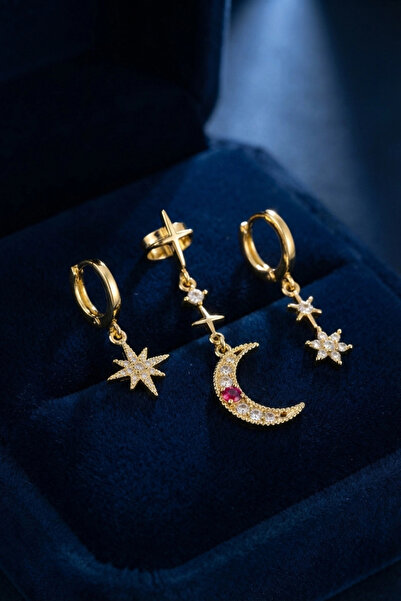 shopwave Gold Color 3-Piece Moon and Star Model Earrings
