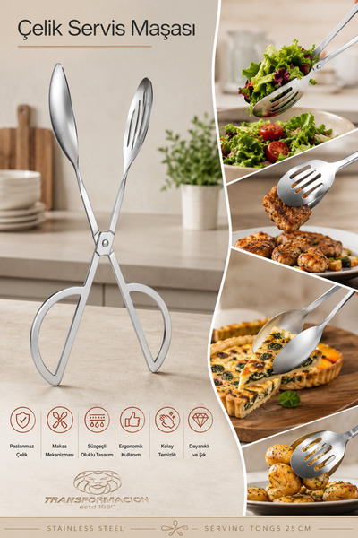 Transformacion Makas Servis Maşası 25 cm Paslanmaz Çelik Salata Pasta Börek İ...