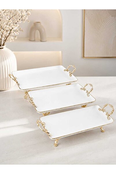 Buldem 3 Piece Gold Detailed Porcelain Presentation Set Stylish Serving Plate...