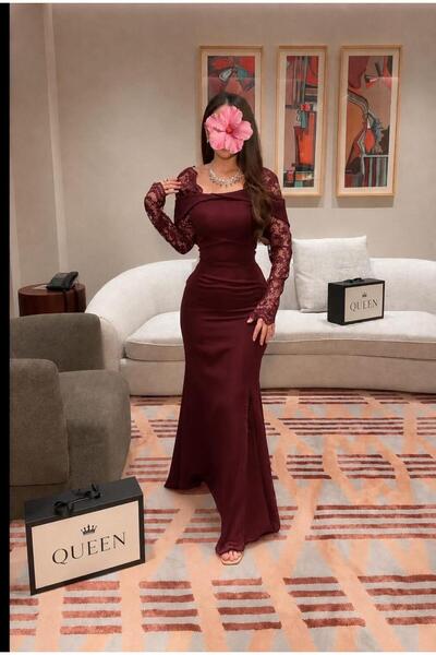 leen fashion Off Shoulder Long Evening Dress with Lace Sleeves and Side Slit