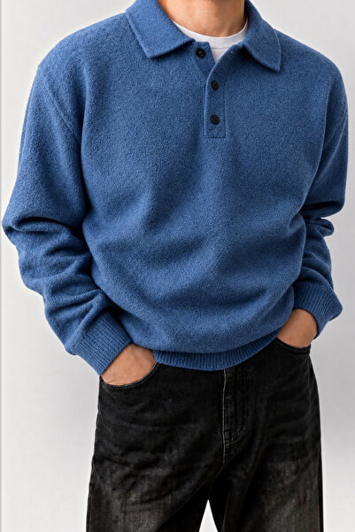 SERABLANKA Men's Polo Collar Oversize Knit Sweater – Comfortable Fit