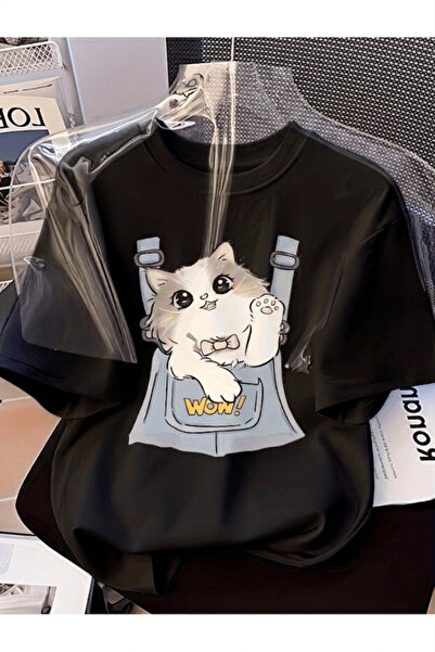 one button Sevimli Yavru Kedi Wow Baskılı Premium Oversize T-shirt