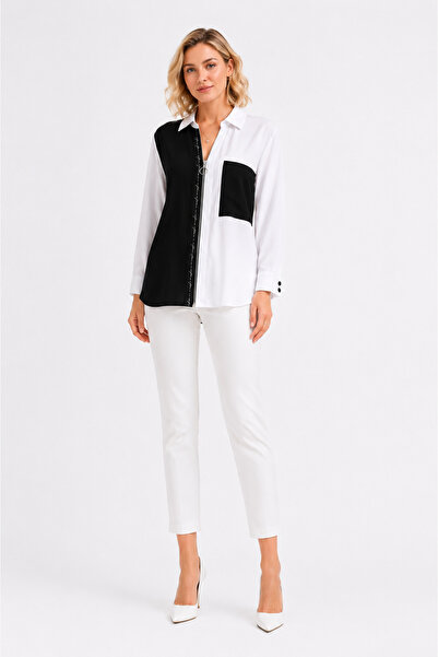 Neden Tekstil Women's Black and White Contrast Color Long Sleeve Shirt