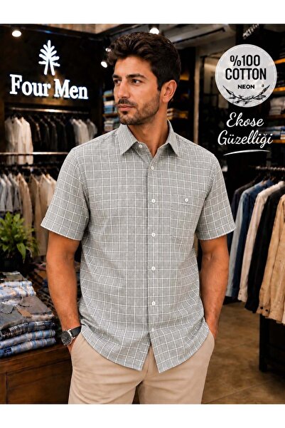 EREN STYLE Linen Classic 100% Cotton Short Sleeve Plaid Cotton Single Pocket ...