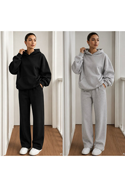 FUFLUNS Hooded Piped Leg 2-Piece Gray-Black Color Women's Bottom/Top Tracksui...
